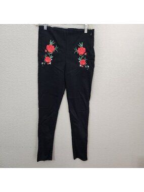 H&M Divided Pants Embroidery Rose Womens Size 6 Black Skinny